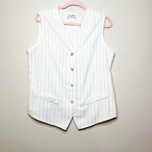 Vintage 90s Button Front Vest Pinestripe Cream Coastal Cottage Western Sz Large - Picture 1 of 5